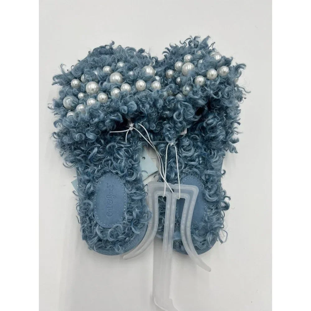 Cat Jack Girls Fuzzy Slippers Pearls Blue Size 3 Slides‎ Faux Fur NWT